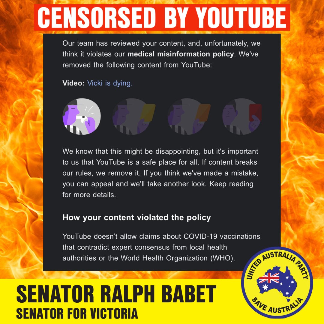 senatorbabet's tweet photo. YouTube has censored my contribution on the floor of the Senate which shed light on the treatment of Vicki who has been denied a heart transplant by the Alfred Hospital. Shame on @YouTube for censoring Australian political debate. 

#Censorship #Senate https://t.co/YKQM3zqj8z