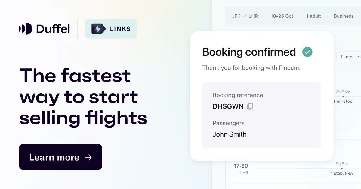 DuffelHQ's tweet image. Don't forget to check out Duffel Links on Product Hunt! Our low-code solution to let your customers search and book flights via one single link is waiting for your support.
bit.ly/3S3u9hB
#lowcode #travel #producthunt
