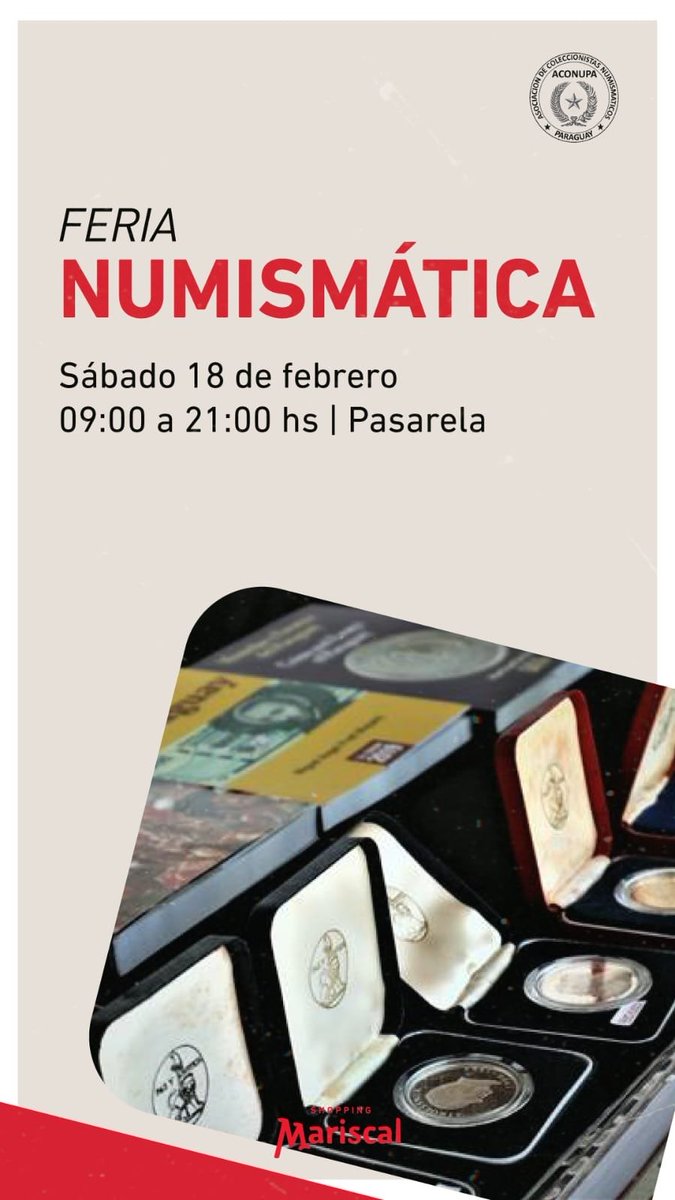 El sábado 18 de febrero se viene una nueva expo numismática en el Shopping Mariscal a partir de las 09:00 hs hasta las 21:00 hs, se llevará a cabo en la pasarela que une ambos edificios.

¡Les esperamos!