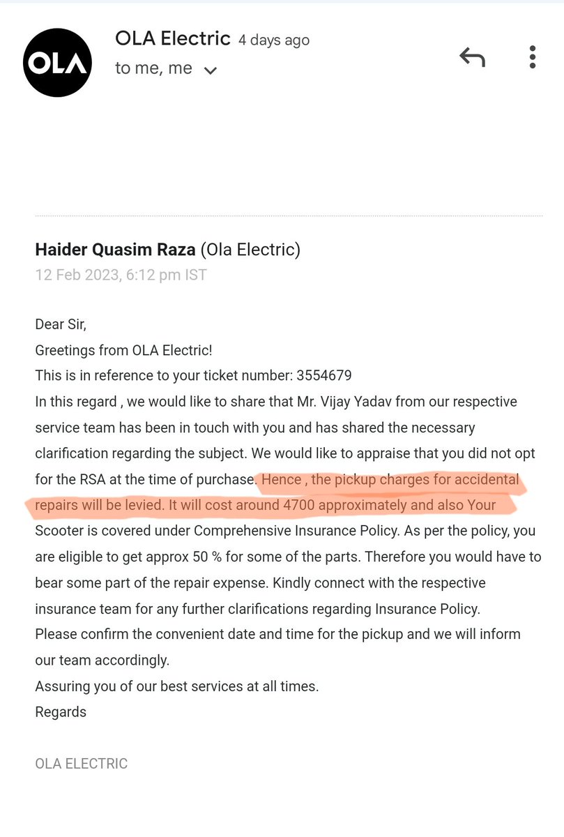 Anoopkshakya1's tweet image. @bhash @OlaElectric 

Scooter is running as usual. Only front mudguard and panels are damages (some part) 

They are charging Rs. 4700 for pickup.
what&apos;s this 😡😡