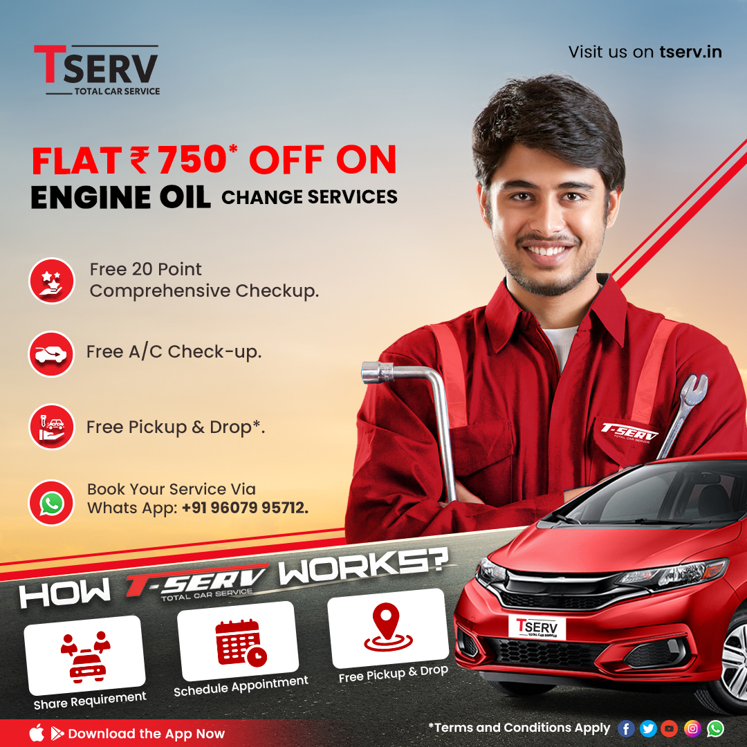 TservIndia's tweet photo. 💰Super Savings!

Hurry, limited period offer.

Flat ₹ 750* off on engine oil change services.

👉Free 20 Point Comprehensive Checkup
👉Free A/C Check-up
👉Free Pickup and Drop
👉Car service starts from Rs.2,499*

Contact #Tserv

#MultibrandCarService #CarBodyRepair https://t.co/bnSfBpc76m
