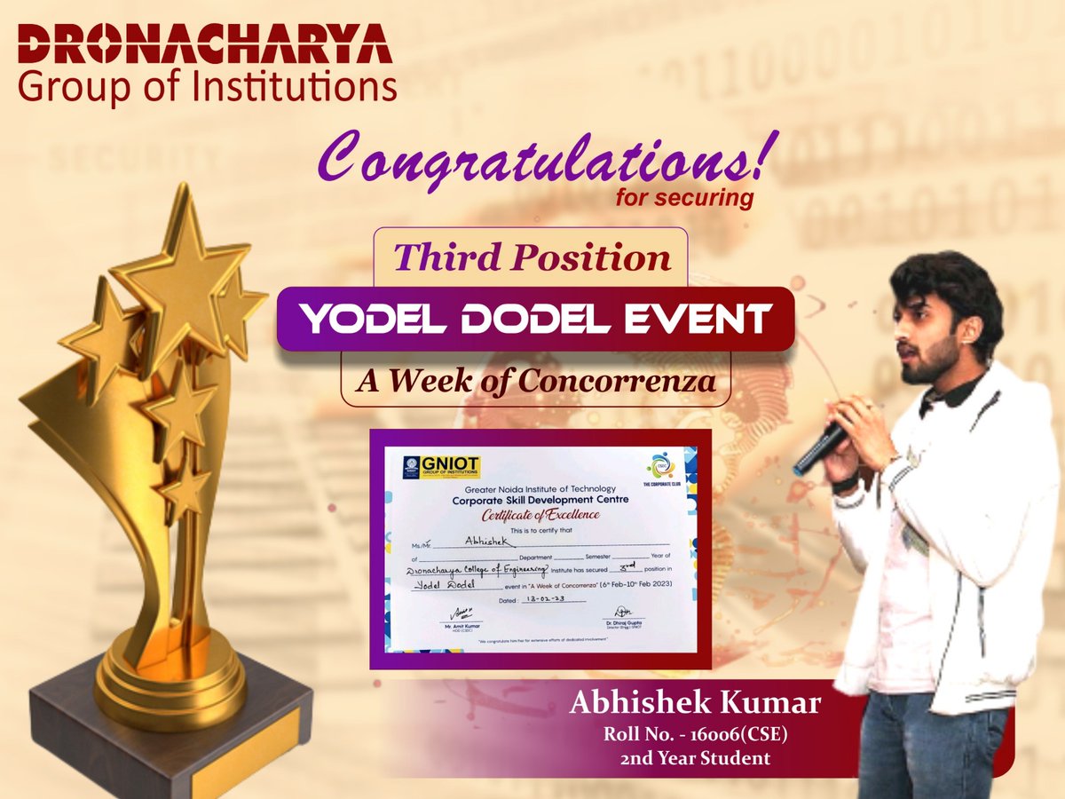 DronacharyaDgi's tweet photo. Congratulations to Abhishek Kumar for securing 3rd Position in “Yodel Dodel Event” in “A Week of Concorrenza” (From 6th Feb to 10th Feb, 2023)
#g20
#cbseboard2023
#delhincr
#noida
#DronacharyaGroupofInstitutions
#GreaterNoida
#bestprivateengineeringcollege
#multipleplacements https://t.co/icLwRL9c25