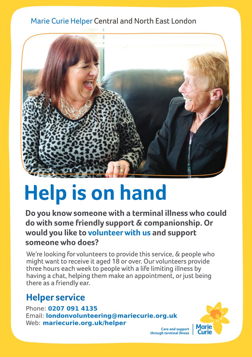 MarieCurieLDN's tweet photo. The little things can make a big difference when you’re living with a terminal illness. Our trained Helper volunteers can visit you regularly to have a chat over a cup of tea, help you get to an appointment or just listen when you need a friendly ear.
https://t.co/AaWjkMgaUq https://t.co/430Aw6XQzx