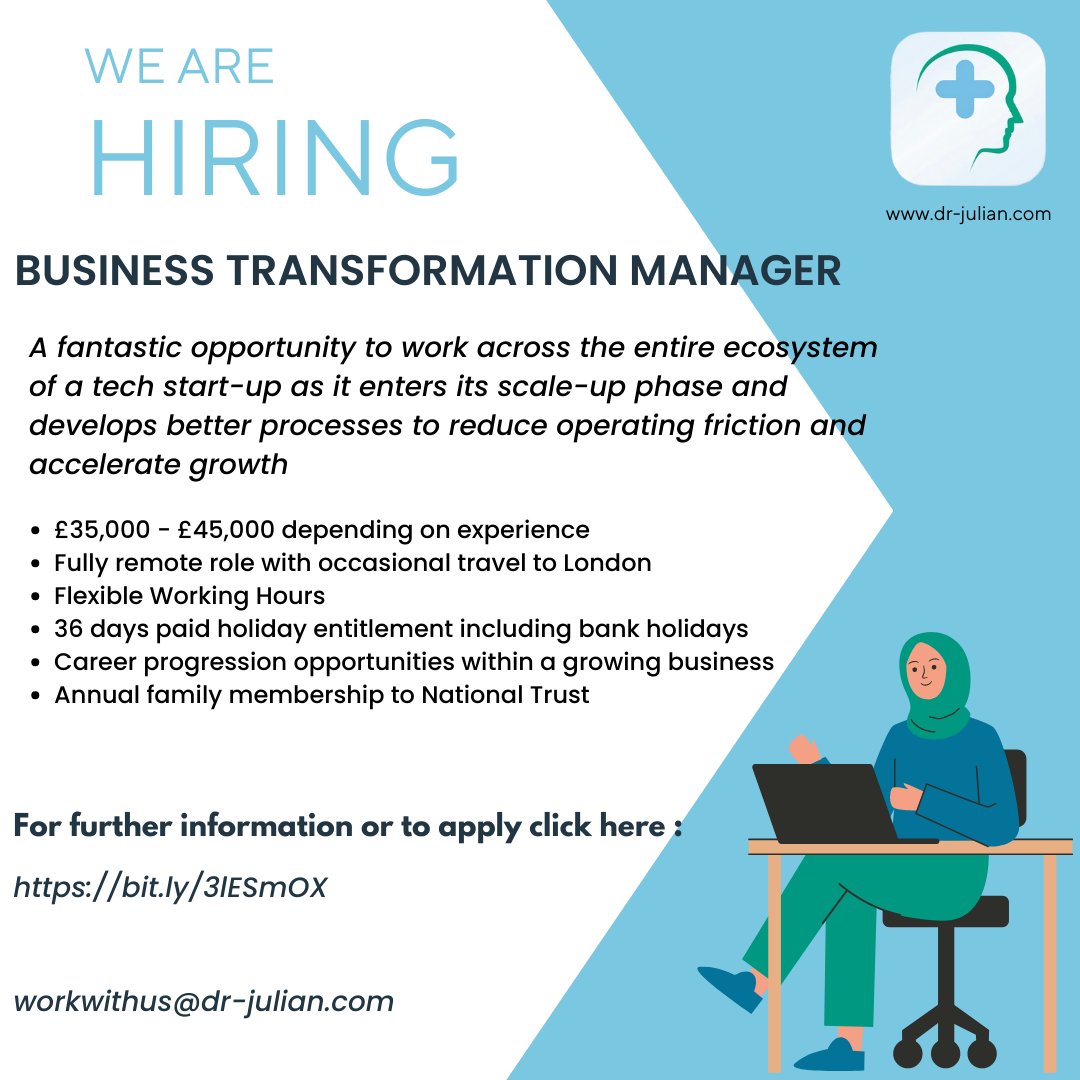 We are hiring! Click the link below to view the full advert for our Business Transformation Manager vacancy: bit.ly/3lESmOX

#drjulian #drjulianapp #talktosomeone #talktous #youarenotalone #hiring #workwithus  #talkingtherapy #onlinetherapy #digitaltherapy #nhs #private