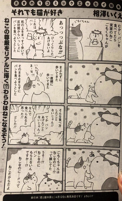 これは前にまんがタウンで描かせてもらったエッセイですけど、身体に悪いよ〜って思ってパンあげなかったけど、あんなに早く死んじゃうなら「パン一口あげればよかったな」っていまだにずっと思ってる 
