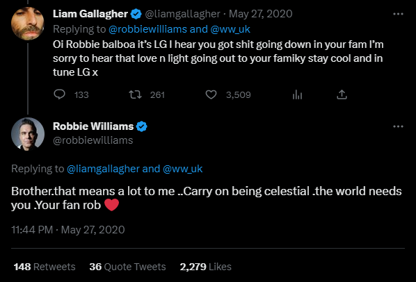 Robbie Williams escalates his beef with Liam Gallagher, attempts to organise a boxing match between them, then the pair resolve the situation amicably, 2019-2020