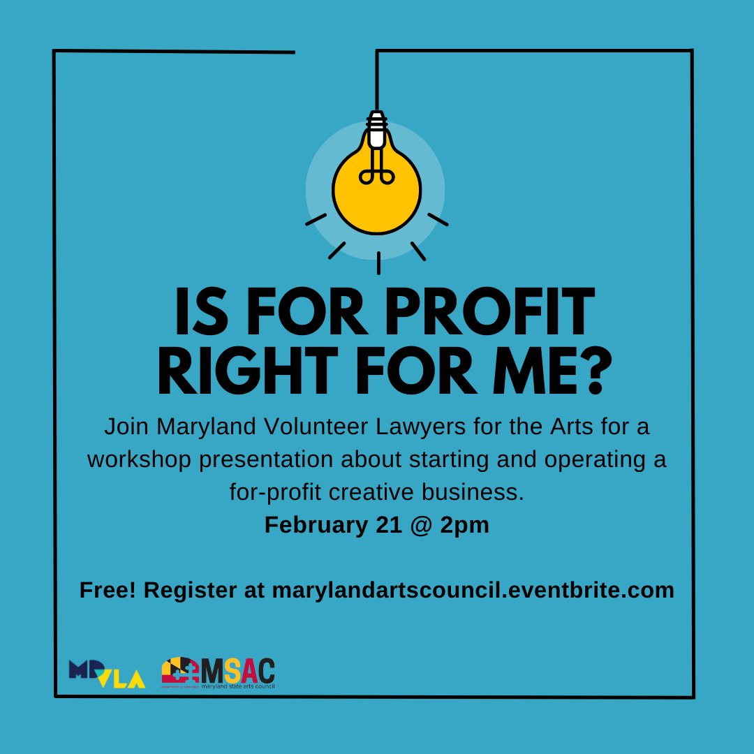 Join the Maryland State Arts Council and us for a virtual webinar, "Is For Profit Right for Me?"

This presentation will include information about starting and operating a for-profit creative business. More details &amp; registration is at the link in our bio 💡