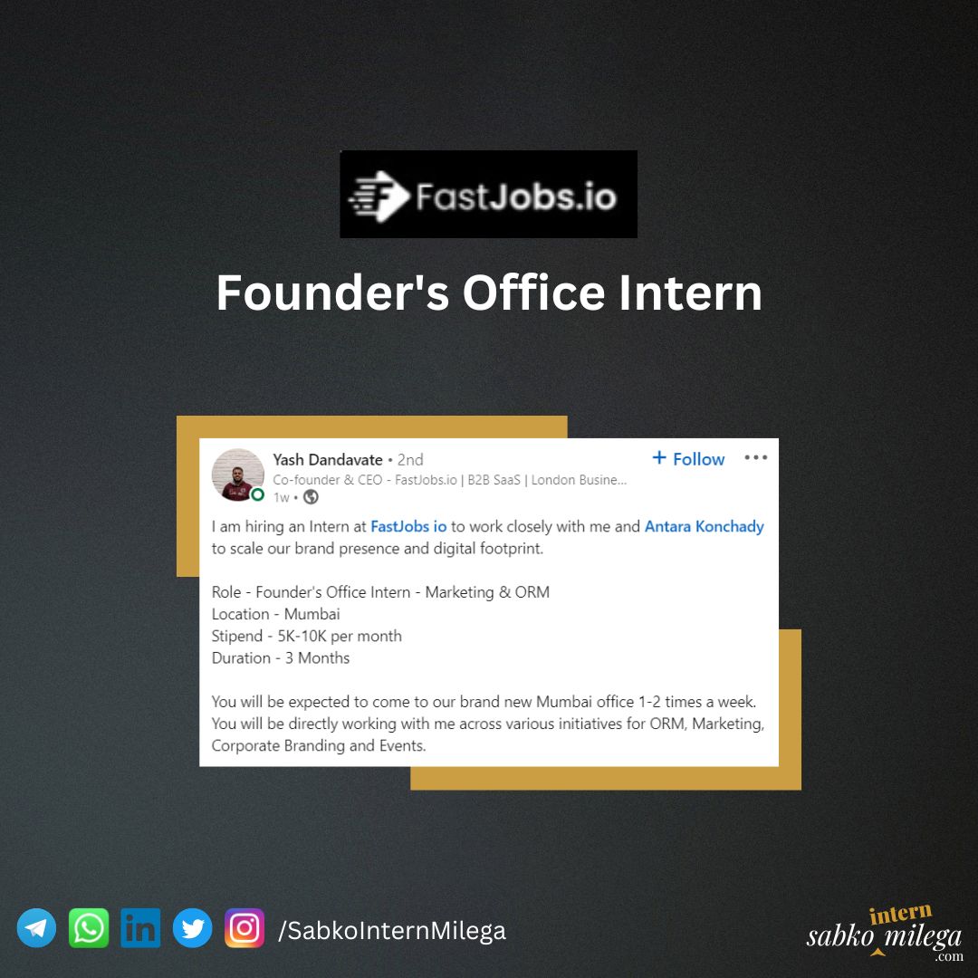 FastJobs[dot]io | Founder's Office Intern 

Link in comment 👇

 #internship #sabkointernmilega