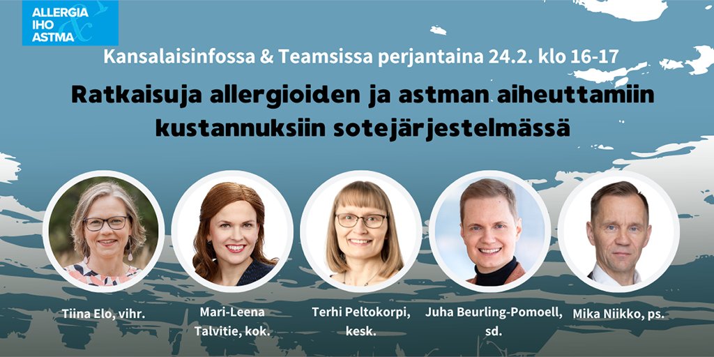 Tervetuloa kuulemaan kansanedustajaehdokkaiden ajatuksia sote-järjestelmän haasteista ja ratkaisuista niihin! Eduskunnan Allergia- ja astmaverkosto ja #AllergiaIhoJaAstmaliitto järjestävät tilaisuuden 24.2. kello 16–17, johon voit osallistua verkossa. 
👉bit.ly/3Xv6FTC