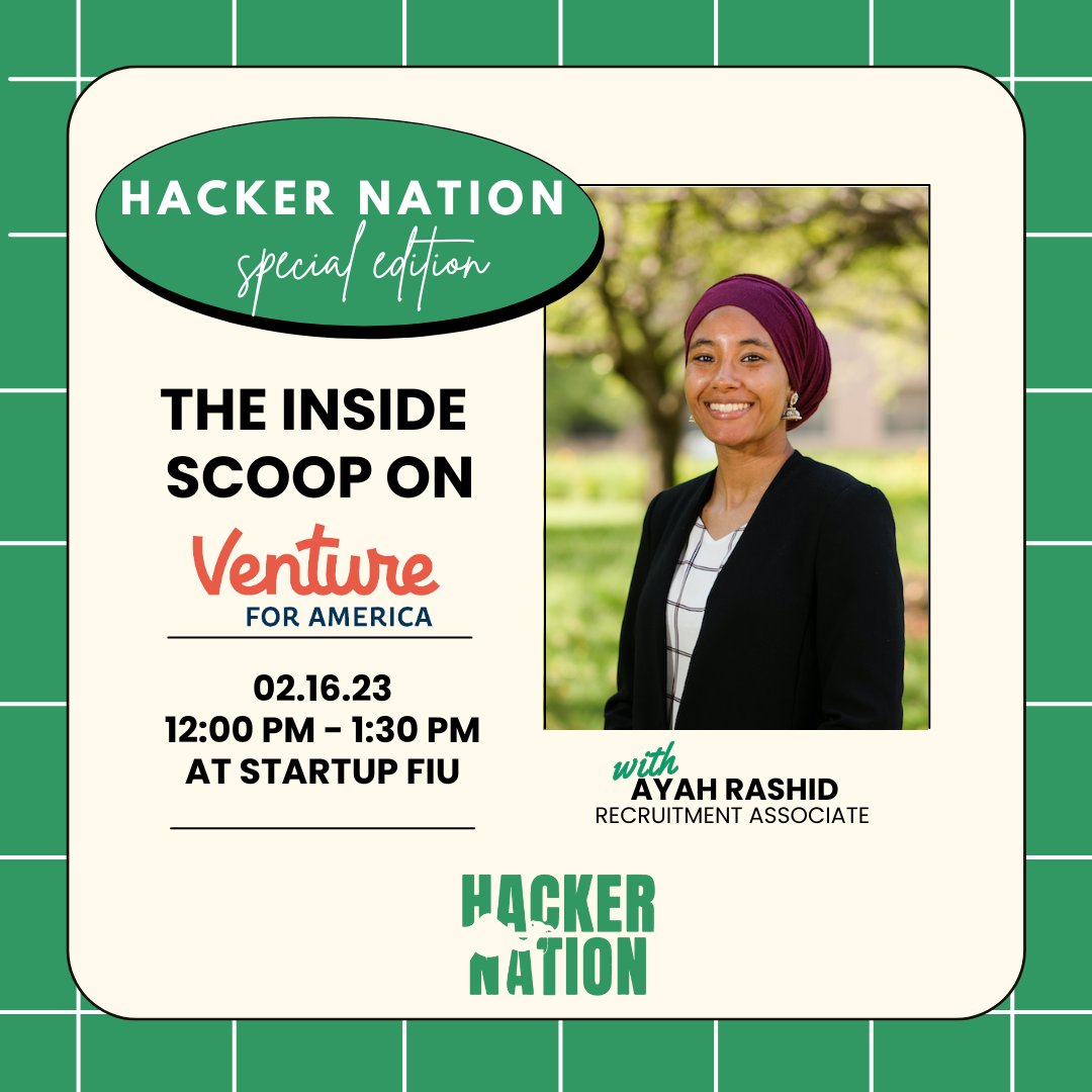 startupfiu's tweet photo. Curious about what #startuplife is really like? 
Join #HackerNation on Thu. 2/16 to learn from a @venture4america alum &amp; recruitment associate to get the inside scoop! #WeAreHackerNation 
Register TODAY at https://t.co/8IcnIUqD77 https://t.co/leNKZsMoWc