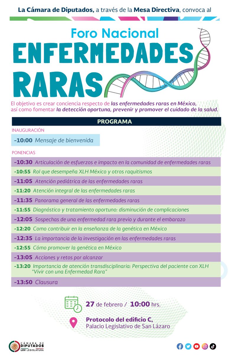 <a href="/pcebras/">Pensemos en Cebras México</a> <a href="/xlhmexico/">XLH & Otros Raquitismos México</a> y <a href="/prevencionmujer/">Mujer México</a> Organizan e Invitan a seguir la transmisión al: 👉Foro Nacional de Enfermedades Raras en Pro del Diagnóstico Oportuno: Panorama Actual en México, Hacia un Abordaje Integral. <a href="/Mx_Diputados/">H. Cámara de Diputados</a>.
