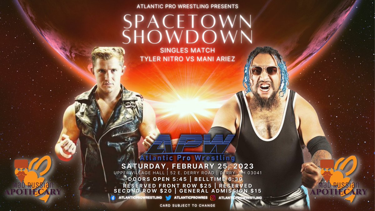 atlanticprowres's tweet photo. Spacetown Showdown Match Announcement 

On Saturday, February 25th @TheTylerNitro will face the @aries_mani in singles action. 

Front Row is sold out!
Reserved Second Row &amp; General Admission are available online.

https://t.co/t45yyAI4qh https://t.co/uCuzgNrs3v