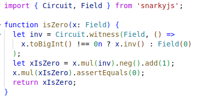 mitschabaude's tweet image. Interesting to compare how the same circuit looks in different zk frameworks!

Here&apos;s how isZero would be done in #SnarkyJS, vs circom and Halo2: