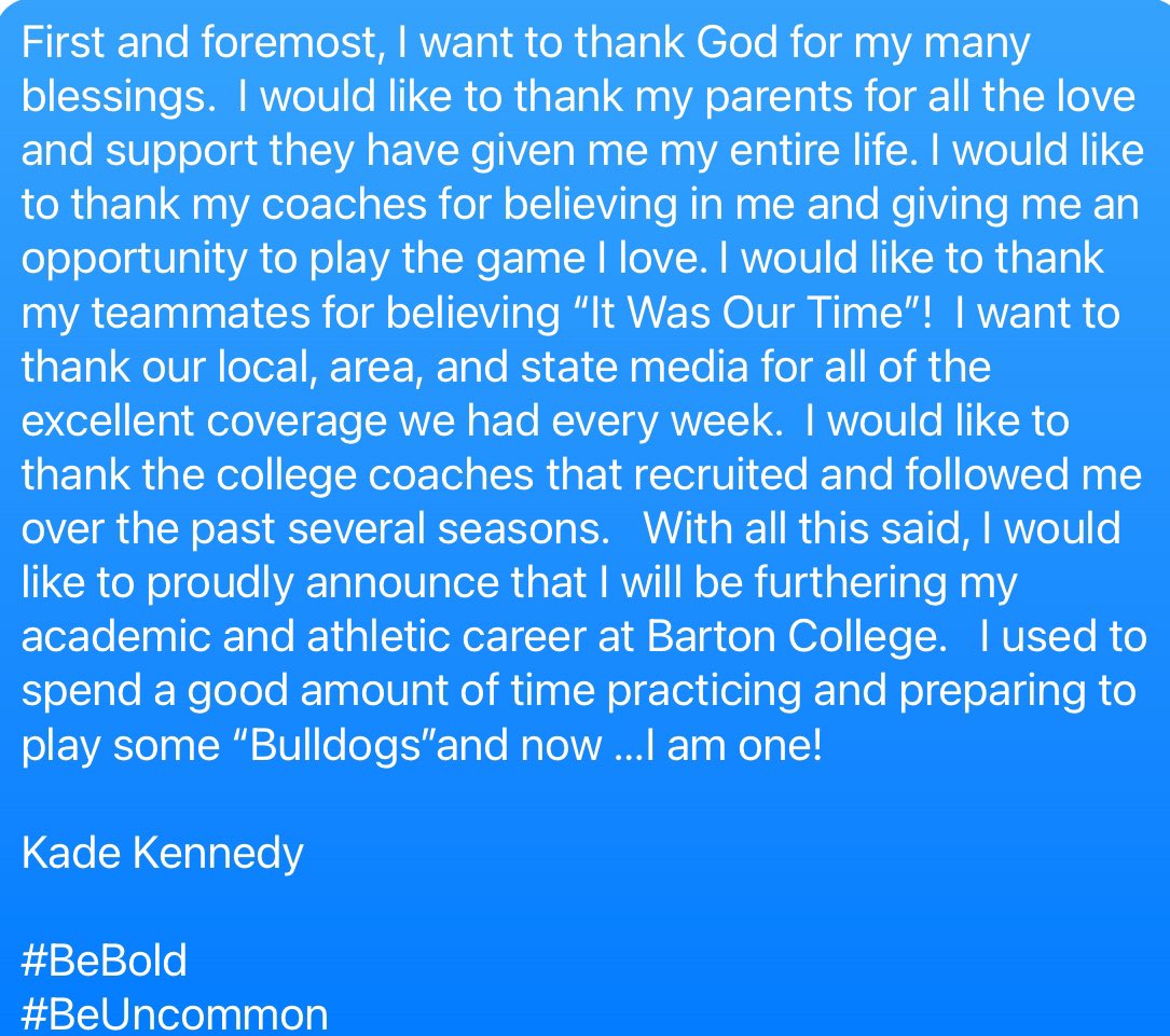 KadeKennedy4's tweet photo. @barton_fb @CoachBurnetteBC @hester_chip @FBCoachB22 @BartonAthletics @BulldogInsiders @AfnfR @coachcurtis42 @nc_hsfb @252_the @battle_holley @bbaileywnct @KWOnAir @JDNsports @GarrettShortTV @KCKennedy93 @FBCoachMariani @Coach_CainOL @EDcoachsandlin @CoachJGrice #Committed https://t.co/6sXoSVG9YP