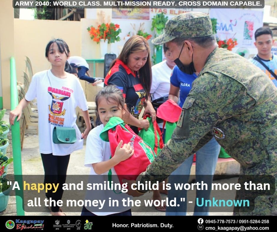 9CMOBattalion's tweet photo. QUOTE OF THE DAY ll 

"A happy and smiling child is worth more than all the money in the world". Unknown 

#KaagapayNgMgaBikolano
#StrongArmyStrongNation
#AFPyoucanTRUST https://t.co/bXY2KiUTK6