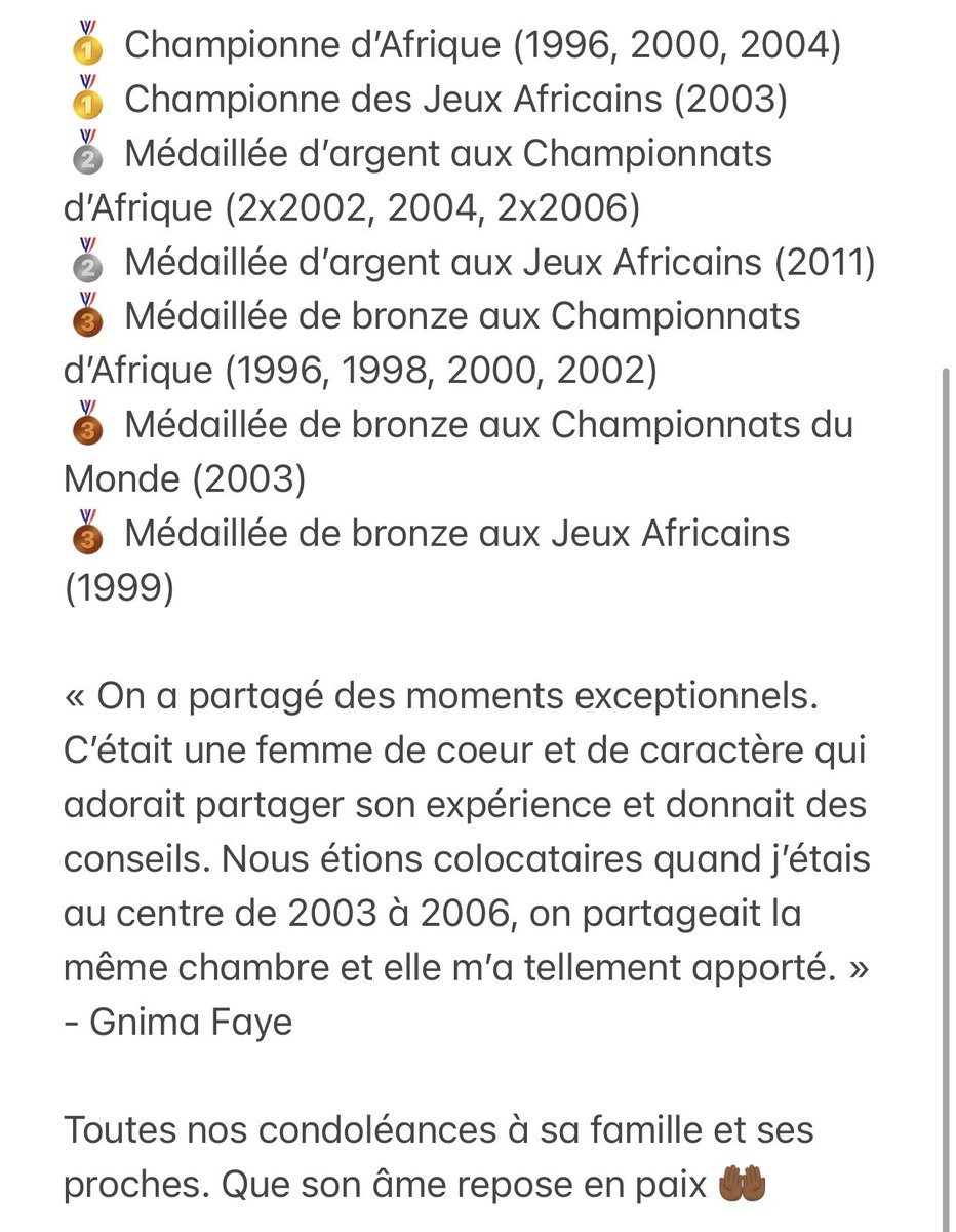 🕊 Pensées émues pour Kène Ndoye.

« C’était une femme de coeur et de caractère qui adorait partager son expérience. Nous étions colocataires de 2003 à 2006 et elle m’a tellement apporté. » - Gnima Faye

Toutes nos condoléances à sa famille. Que son âme repose en paix 🤲🏾