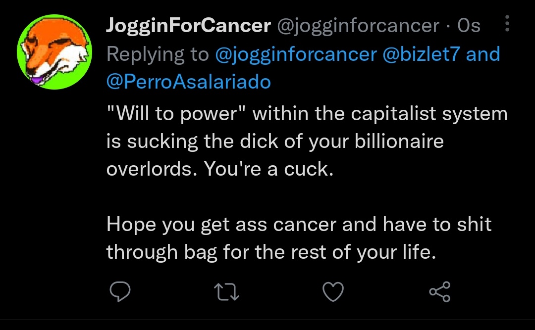 DDabsworth's tweet photo. @jogginforcancer @bizlet7 @PerroAsalariado 12 hour ban for this so I can't not post.
And you r e t a r d s actually thought Elon shared your love of free speech https://t.co/pFJCSJEHIm