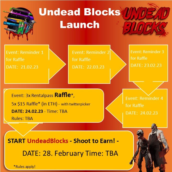 UB_huntingclub's tweet image. On 28.02.23 @UndeadBlocks opens the doors to play and earn #p2e. 💪
To celebrate this new #fpsgame feature, we #giveaway and #raffle some ETH and a &quot;rentalpass&quot;* on 24.02. 🧟‍♂️🔫
*best rental conditions for 3 days.
#CDL2023 #zombie #blockchaingames
