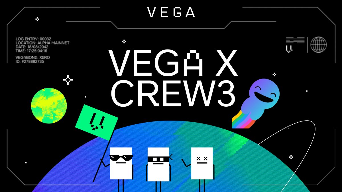 vegaprotocol's tweet photo. Join the Vega quests on @crew3xyz 🧑‍🚀🪐✨

We’ve been adding more fun adventures for you to take part &amp; learn🎖️

We’ll be rewarding the top 20 users with 10 VEGA each before we refresh the leaderboard in a couple of weeks &amp; start again for Mainnet Sims 2 🏴‍☠️ https://t.co/jEK0QHAZAu https://t.co/Y24gJ3r3Vp