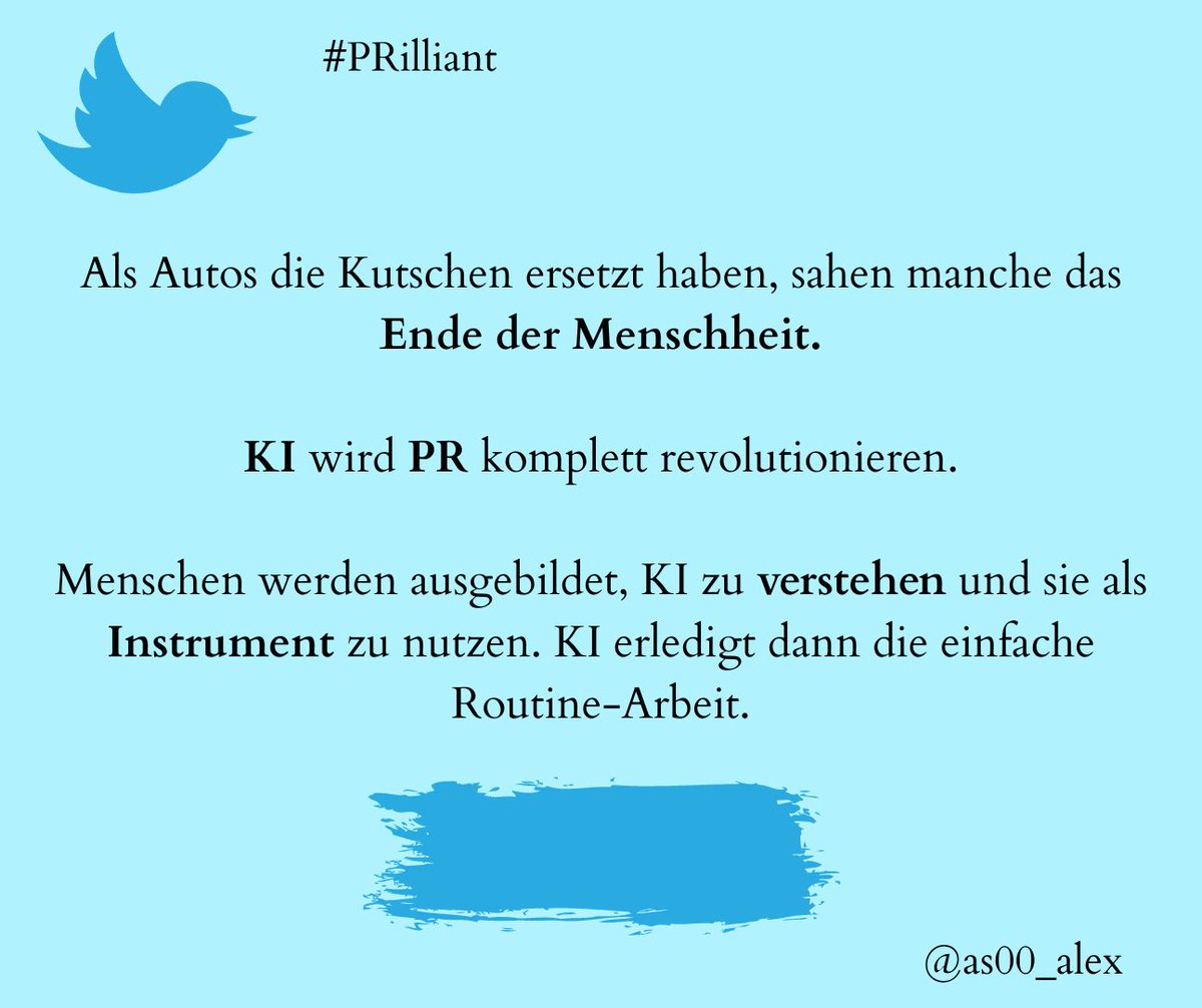 KI in der #PR als Chance oder Risiko? #PRilliant <a href="/YasharAzad/">Yashar Azad</a> <a href="/lars_rademacher/">Lars Rademacher</a> #KI #onkomm 

Meine Meinung ist klar: 
Alles verändert sich ständig und hier steht ein großer Wandel an. Routinearbeiten und Jobs fallen weg, Menschen müssen lernen KI und Maschinen zu verstehen.