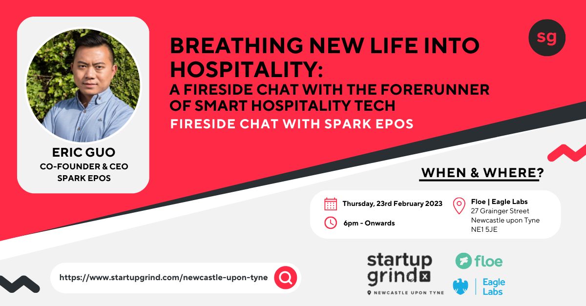 📢 Exciting news! Our CEO, Eric Guo, will be featured in the upcoming @Startup Grind X - Newcastle Upon Tyne fireside chat on February 23rd 
🤩The event is powered by @thefloeuk @eaglelabs Newcastle and is free to attend. Sign up here: hubs.li/Q01Czckw0  #Hospitality