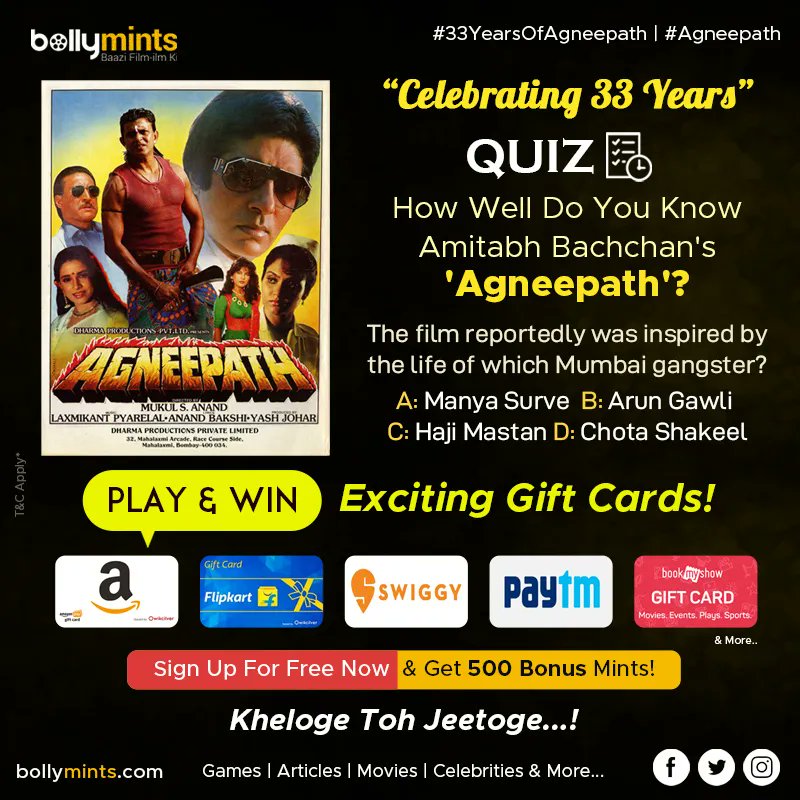 #Quiz : How Well Do You Know #AmitabhBachchan's '#Agneepath'?
#Special #Game #Movie #33YearsOfAgneepath #MithunChakraborty #NeelamSoni #DannyDenzongpa #MukulSAnand
#Play And #Win Exciting #GiftCards #Vouchers & #Coupons #Redeem Your #Mints
Let's Start : buff.ly/3lEuF9N