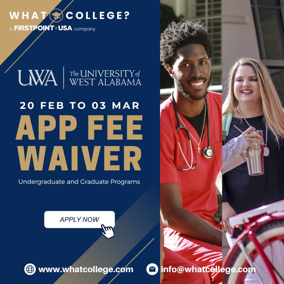 WhatCollege_com's tweet photo. Application Fee Waiver 20-Feb to 03-March - University of West Alabama.

Get in touch with WhatCollege to find out more and apply. https://t.co/fLYcoBHml3

#WhatCollege #studyinusa #studyabroad #studyabroadlife #studyabroadusa #usastudyvisa #studyinuk #abroad https://t.co/9fNxqwtOtq