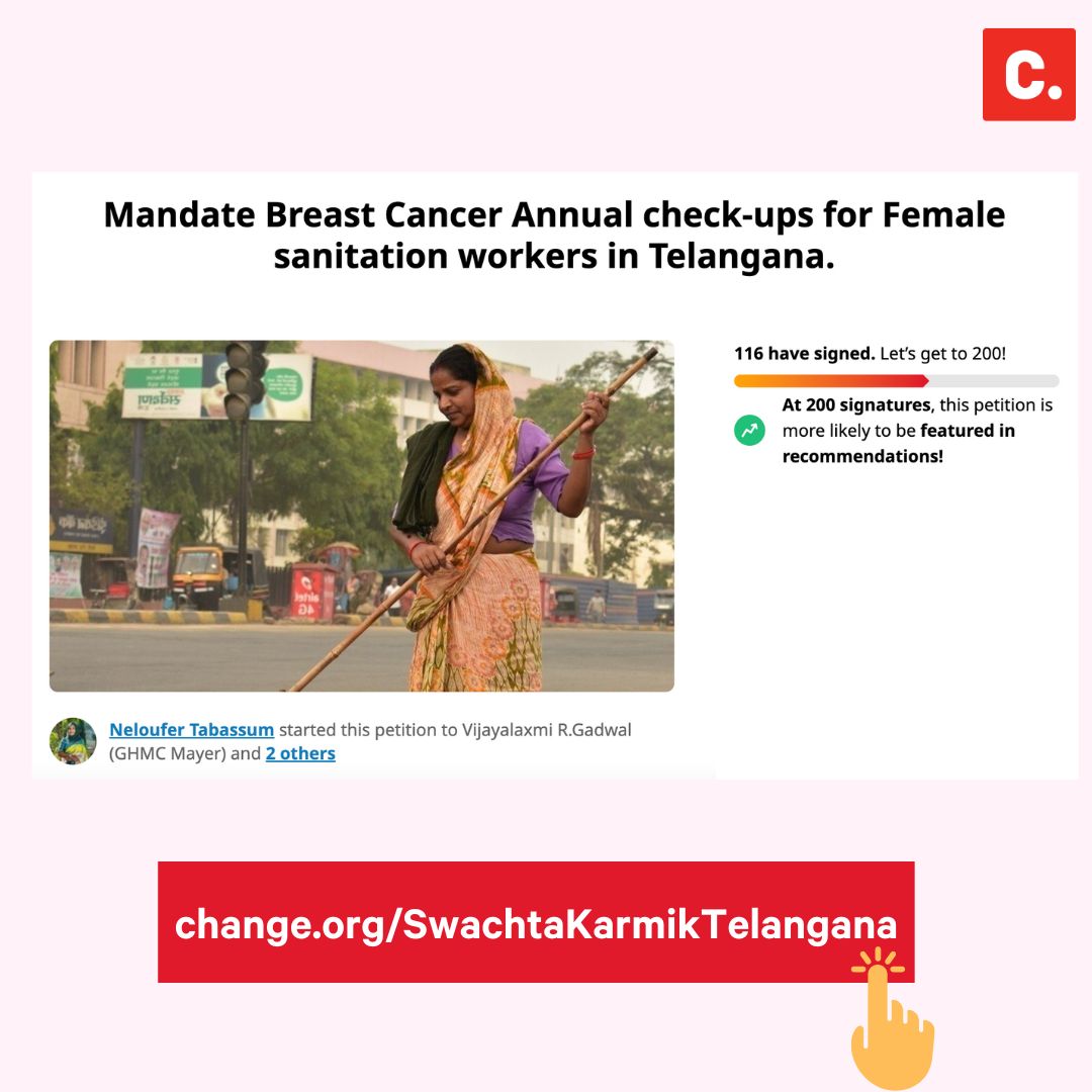 ChangeOrg_India's tweet photo. "We all know what role our sanitation workers played during Covid19 who even worked during the lockdown. They deserve better healthcare.", says @Nelou44 
Sign https://t.co/BcyxU8VfbW to mandate annual #breastcancer check-ups for female sanitation workers in Telangana
@GHMCOnline https://t.co/enFzw6Wrcz