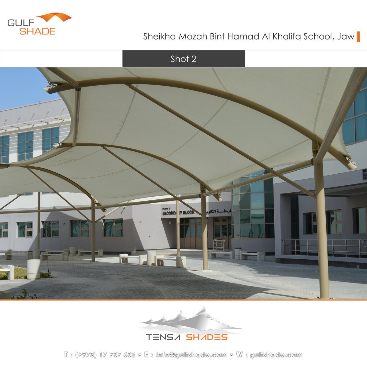 GULF_SHADE's tweet photo. These shading structures are standing on the central outdoor area of the SHEIKHA MOZAH BINT HAMAD AL KHALIFA SCHOOL, the first school in Bahrain to be established with international design and green building specifications. https://t.co/WHYFeldDLP