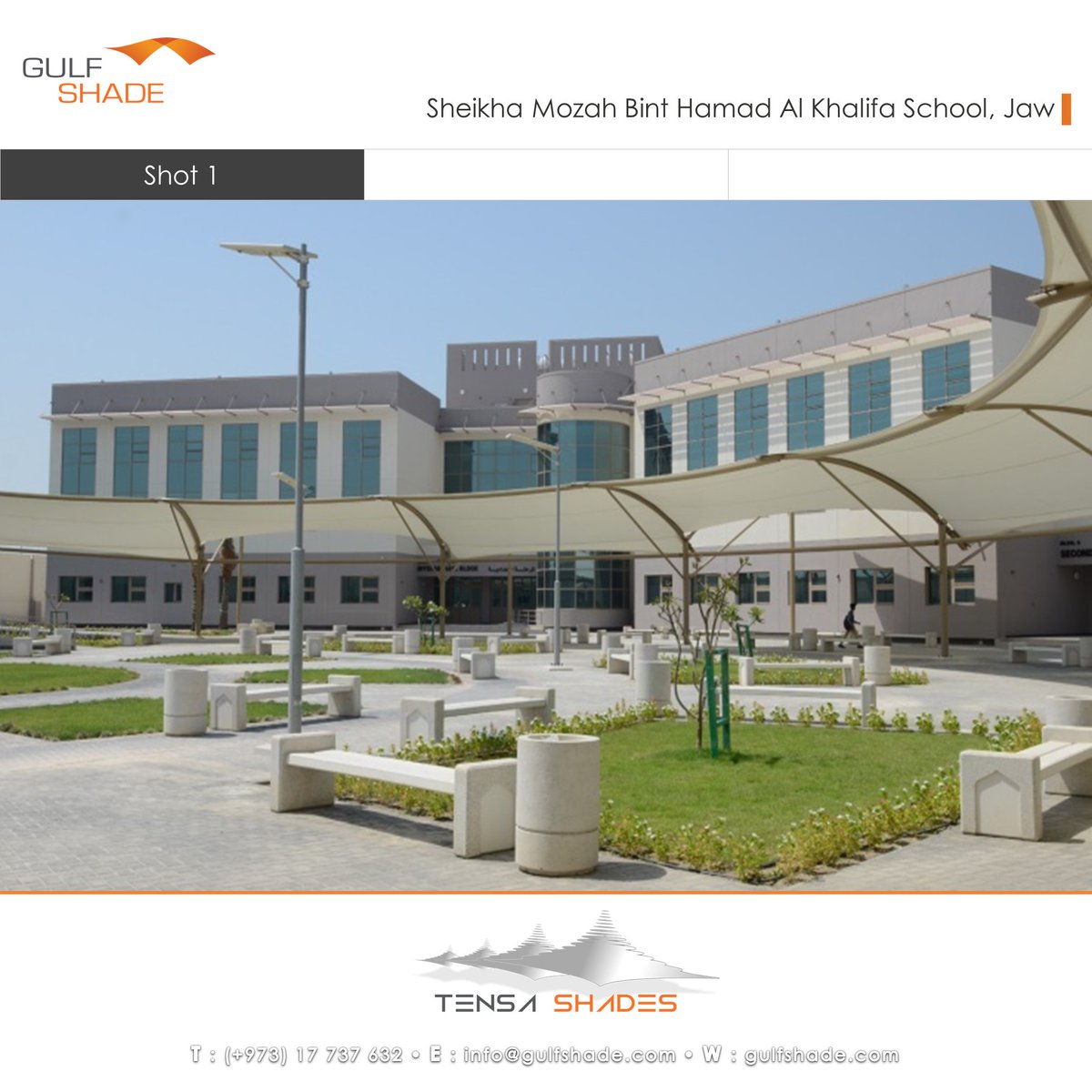 GULF_SHADE's tweet photo. These shading structures are standing on the central outdoor area of the SHEIKHA MOZAH BINT HAMAD AL KHALIFA SCHOOL, the first school in Bahrain to be established with international design and green building specifications. https://t.co/WHYFeldDLP