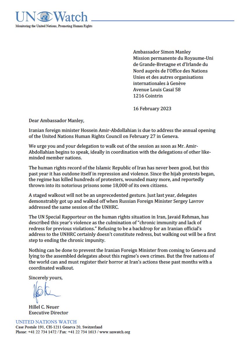 HillelNeuer's tweet photo. BREAKING: Today we sent letters to the UK, US, Canada, Australia, New Zealand, Germany, France and all other EU member states urging a walkout on Iranian foreign minister Amir Abdollahian at the U.N. Human Rights Council opening on Feb. 27. #WalkoutIRI campaign is going viral. https://t.co/0fRwBCVPCE
