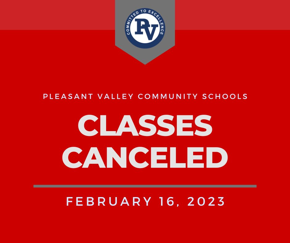 Pleasant Valley Community School District will be closed TODAY (February 16, 2023) due to inclement weather. Junior High Conferences will be rescheduled. Look for more information today regarding athletics.