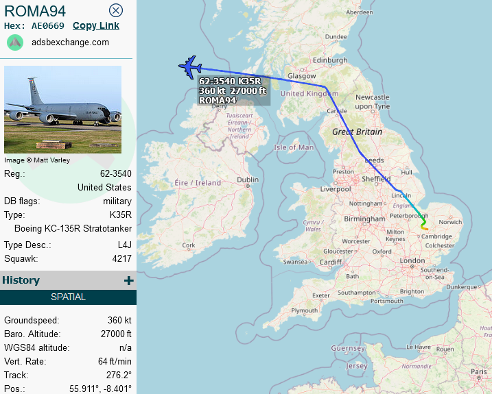 SirListenalot's tweet photo. #KC135 #AE0669 as #ROMA94 out of Mildenhall on its way to help (six) #F35's as #TREND41 to get to Europe. Joining at 30 West, I suppose https://t.co/yHipCI6oy8