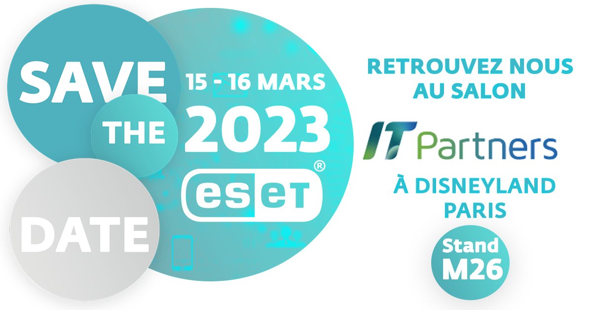 #SAVETHEDATE | Nous y serons, et vous ? 🗓 Comme chaque année, les équipes d'@ESET_France seront présentes au #salon @IT_Partners à @DisneylandParis, les 15 et 16 mars prochains ! 📍 Venez à notre rencontre sur le stand M26 ! 😉 #EVENT #ITPartners2023 #IT #cybersécurité #ESET