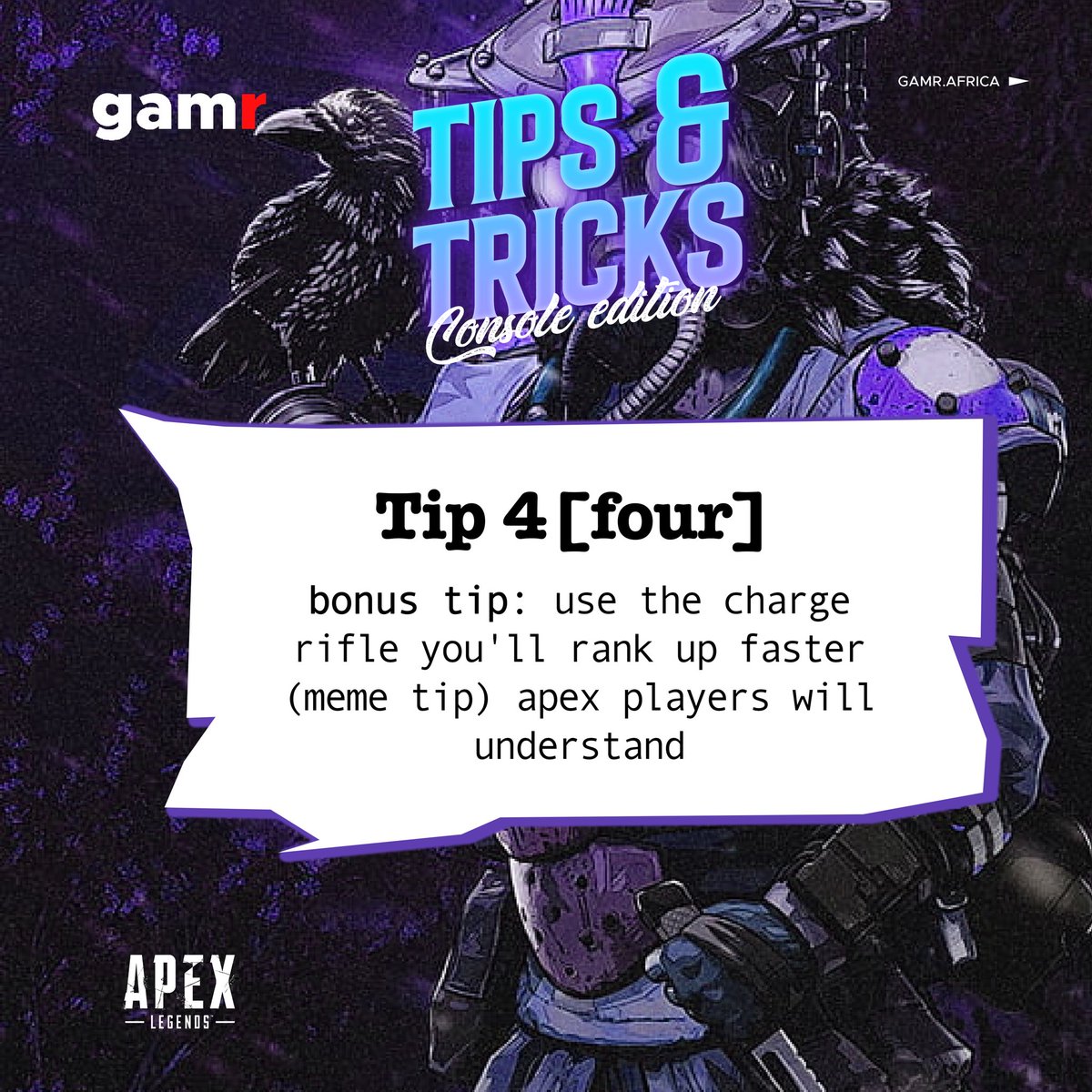 GamrHQ_'s tweet photo. Top Apex Legends tips and tricks to get you started 😌
Gaming Differently.
#gamr #gamrafrica #apex #apexlegends #apexlegendsconsole #gaming #gamingtalk https://t.co/ralBmpxHRa