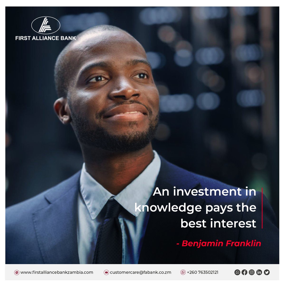 Investing in knowledge can help you prepare for a brighter and more secure financial future. 

#FirstAllianceBank #FAB #Zambia
#FinancialLiteracy #BankWithUs
#AchieveFinancialDream #EconomicGrowth #GoCashless #FinancialFreedom #FinancialIndependent
#FinancialEducation #Investing