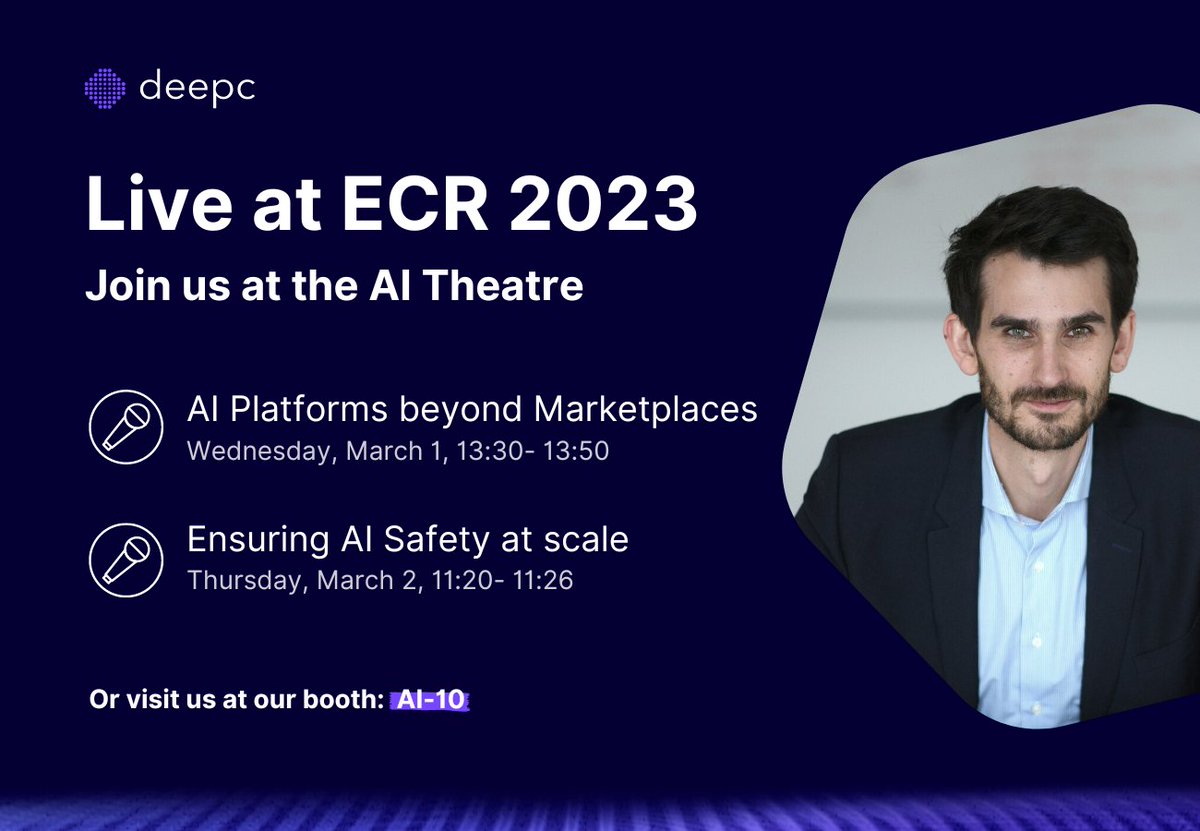 🔈deepc at #ECR23 🧑‍⚕️
Don’t miss our insightful speaking sessions at the #ECR on Wednesday, March 1, 13:30- 13:50 and Thursday, March 2, 11:20- 11:26! 
Our CEO Dr. Franz MJ Pfister, MD, MBA, will speak about "AI Platforms beyond Marketplaces" and "Ensuring AI Safety at scale". 🙌