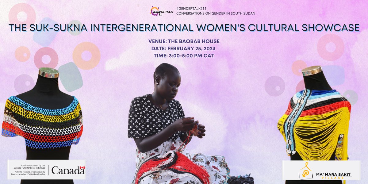 GenderTalk211's tweet photo. We are excited to bring to you the “Suk-Sukna Intergenerational Women’s Cultural Showcase” where the Suk-Sukna women &amp; girls will exhibit &amp; hold discussions on the Lotuko &amp; Dinka beaded corsets on Saturday February 25th at the @baobab_art To join us,RSVP via the link below #SSOT https://t.co/KBHfdbyUl2