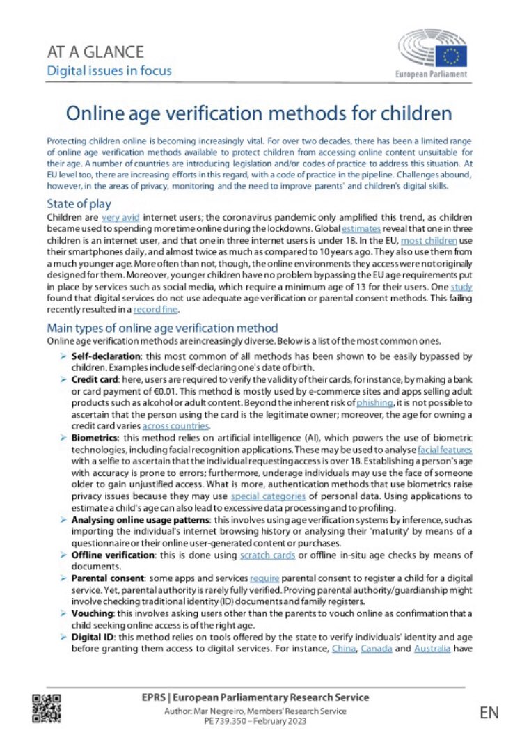 Online age verification methods for children. See lnkd.in/eksH7us7.

Protecting children online is becoming increasingly vital. A number of countries are introducing legislation and/or codes of practice to address this situation.