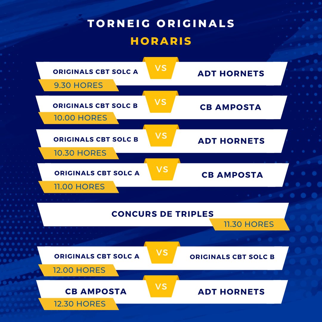 ‼️ Ja està aquí el 1️⃣ Torneig Originals CBT- SOLC🏆

📅 Diumenge 19 de febrer
⌚️ De 9:30 a 13:00 H
🏠 Pavelló del Serrallo

<a href="/ADTorreforta/">AD Torreforta</a> 
<a href="/CBAmposta/">Club bàsquet Amposta</a> 

#CaràcterBlau #BàsquetInclusiu