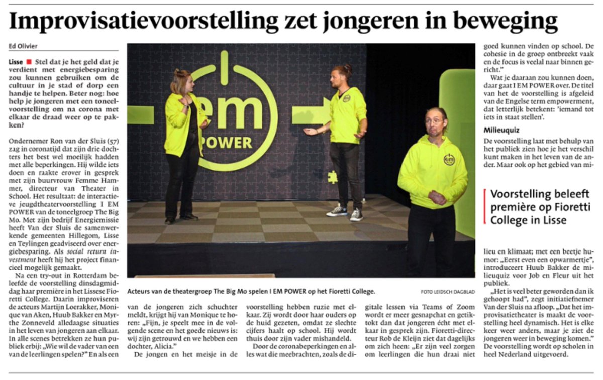 I EM POWER zet jongeren in beweging. Na succesvolle premiere nu te boeken via <a href="/Theaterinschool/">Theater in School</a>. Lees het Leids Dagblad! Meer info: theaterinschool.nl/vo-mbo/i-em-po… 
#theater #educatie #cultuureducatie #impro