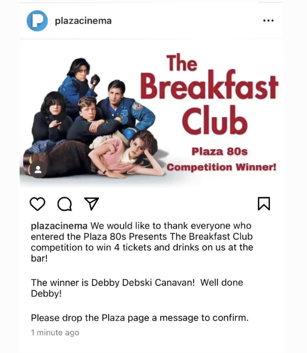 debski7's tweet photo. @PlazaCinema you have honestly made my day! Absolutely chuffed! @nickgartland WOOP WOOP!

#80s #TheBreakfastClub #simpleminds https://t.co/3g2EO7xaEs