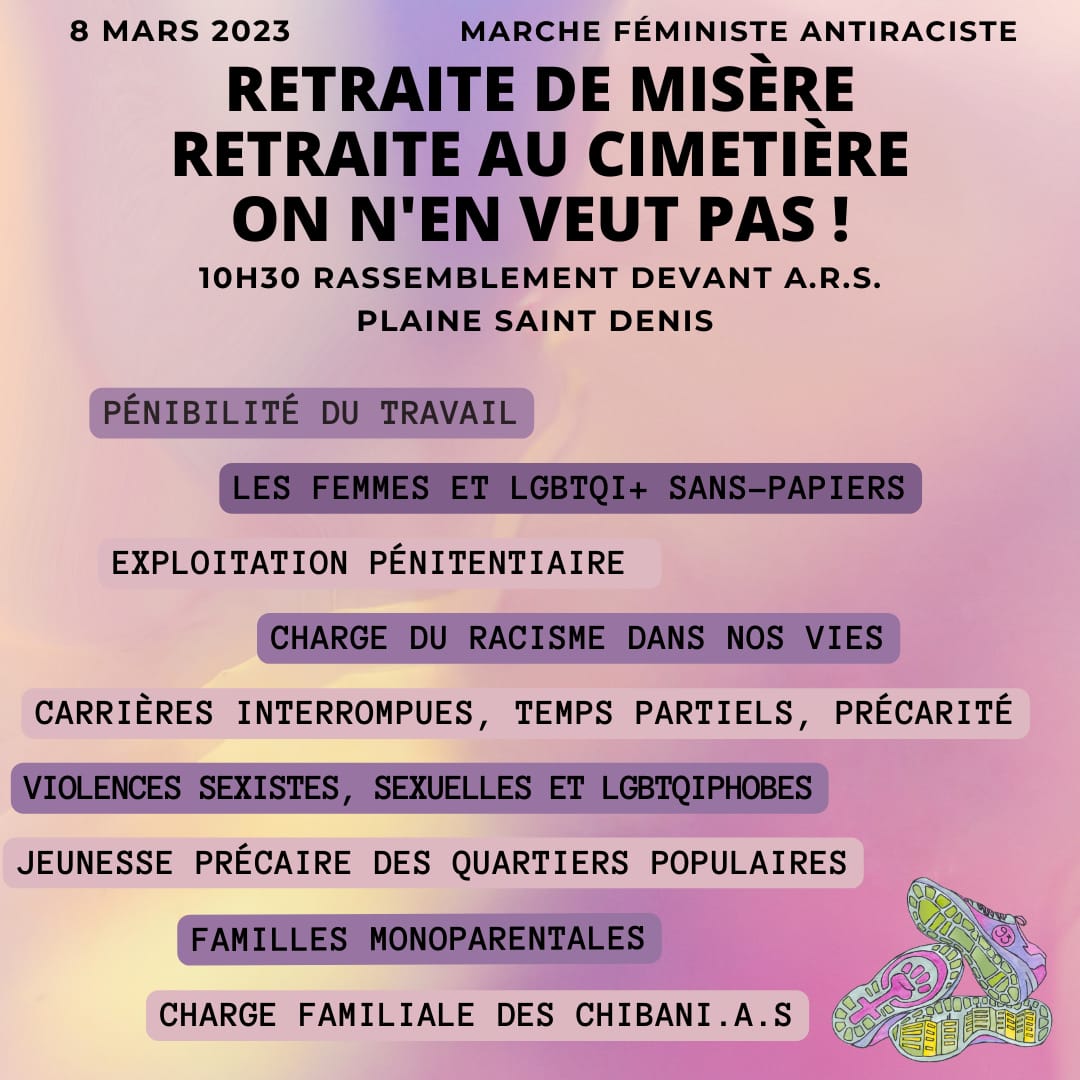 Le #8mars rassemblement à 10h30 à St-Denis avec <a href="/MarcheFeministe/">marche féministe antiraciste</a> pour une grève féministe contre l'exploitation des travailleur.se.s les plus précaires, discriminéees &amp; isolées, en prison, en ESAT, dans nos foyers et pour les sans-papiers, #reformedesretraites