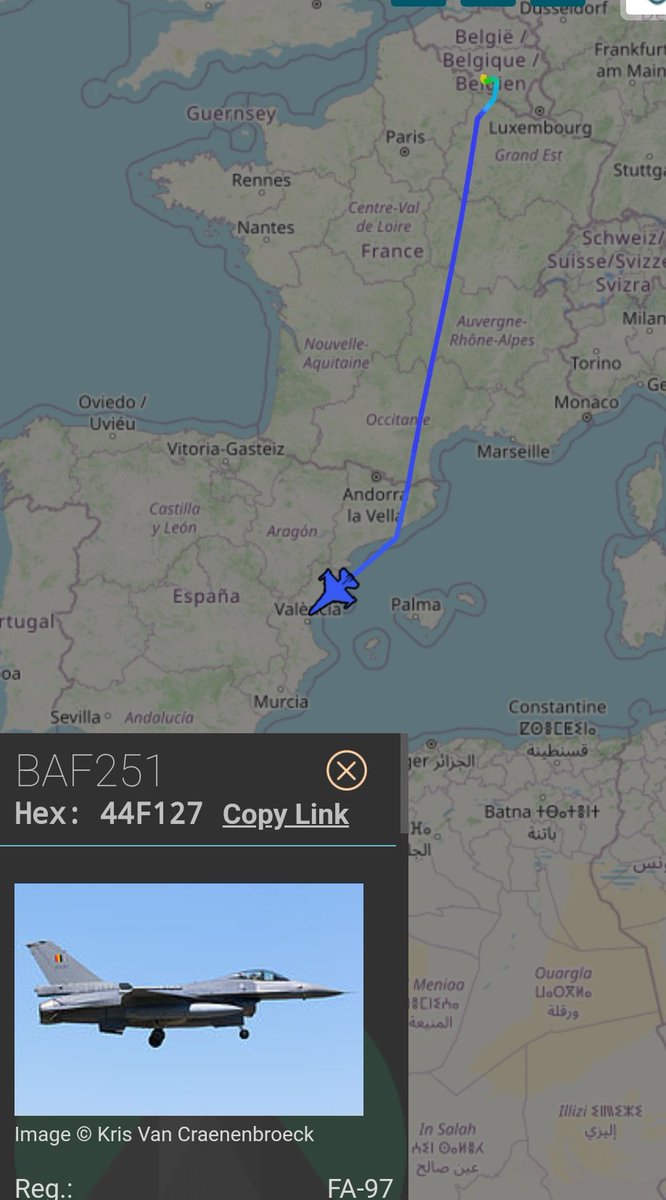 MilRadar's tweet photo. 🇧🇪 Fuerza Aérea de Bélgica F-16AM #FA97 rumbo a #Albacete para participar en el #TLP sobrevuela #Valencia https://t.co/pvENuMu0zF