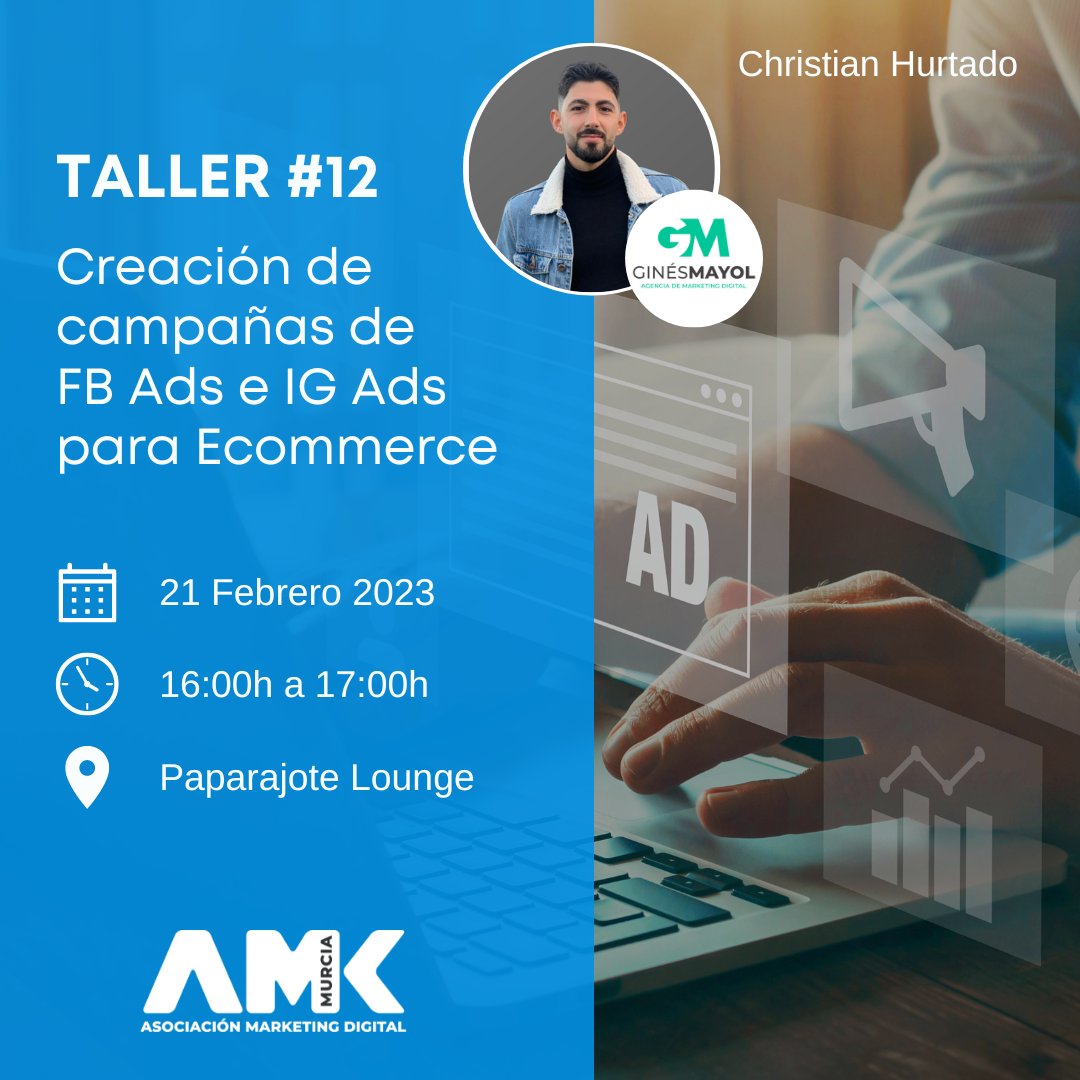 AmkMurcia's tweet photo. #TALLER 12

🎯Aprenderemos a crear #CampañasPublicitarias de #FacebookAds e #InstagramAds para generar ventas en tiendas online y aumentar el #ROAS.

🗣@ChristianHurt_ - @ginesmayol 
📅21 Febrero - 16h a 17h
📍Paparajote Lounge

Inscríbete en nuestra web👉 https://t.co/FnNMv5uo8U https://t.co/AX4xA5JGhK