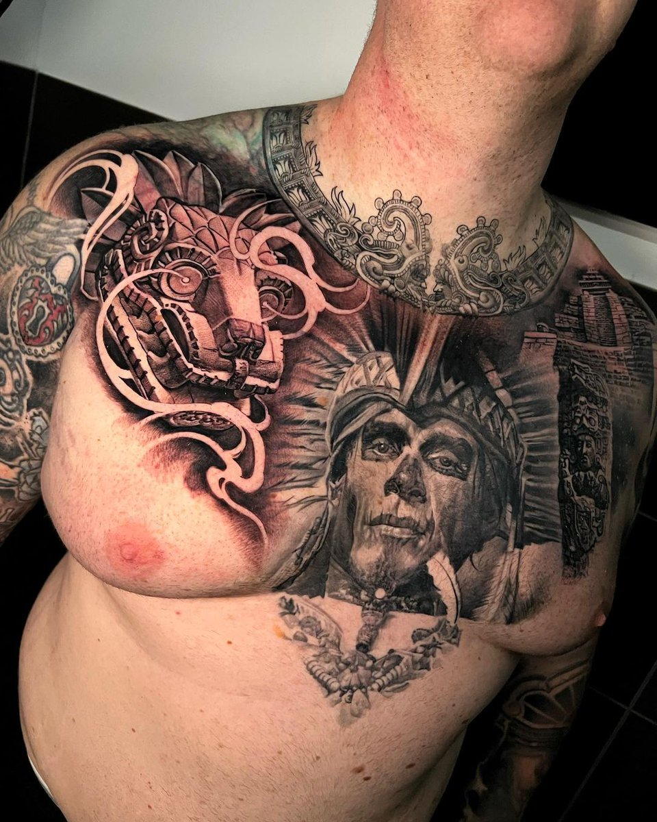 Killer Ink Tattoo on X: "Part healed, part fresh Aztec themed chest piece  from Alex Fraser with Killer Ink tattoo supplies! #tattoo #aztectattoo  #chestpiece https://t.co/f9ijp8QOuu" / X