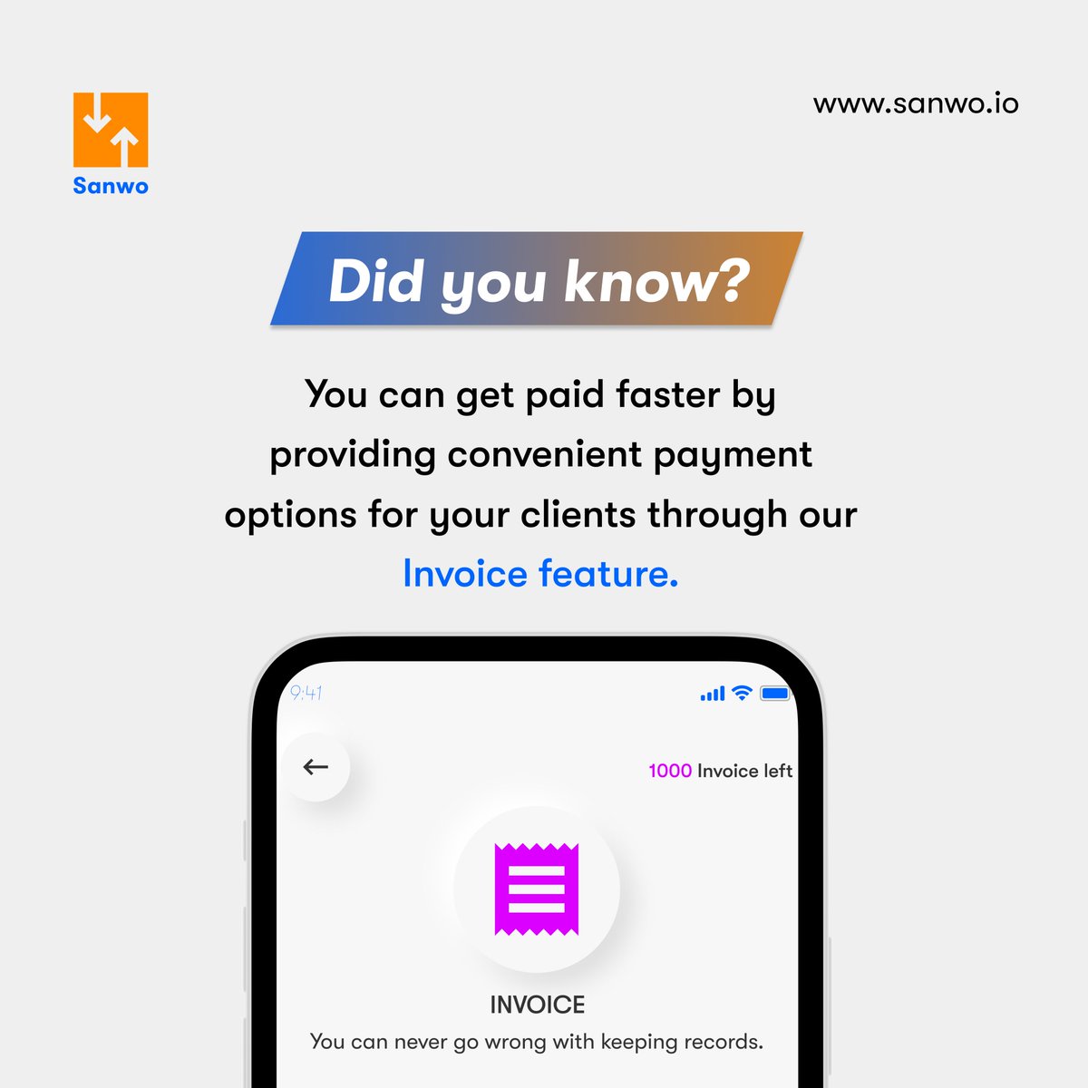 Sanwo_io's tweet photo. Dear Freelancer,

Did you know that Sanwo's Invoicing services can help you get paid faster by providing convenient payment options for your clients? 

With online payment options, your clients can pay their invoices quickly and securely and you can get paid faster.

#sanwo https://t.co/D76npGswug