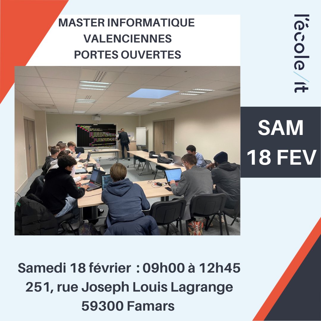 ecole_it's tweet photo. Tu veux devenir ingénieur informaticien?  Viens nous rencontrer sur notre campus de Valenciennes pour t'informer et découvrir notre formation et notre pédagogie!
https://t.co/KIH2DD7YZX
#ingénieur #master #informatique #numérique #Valenciennes #hautsdefrance https://t.co/zBccpTObGb