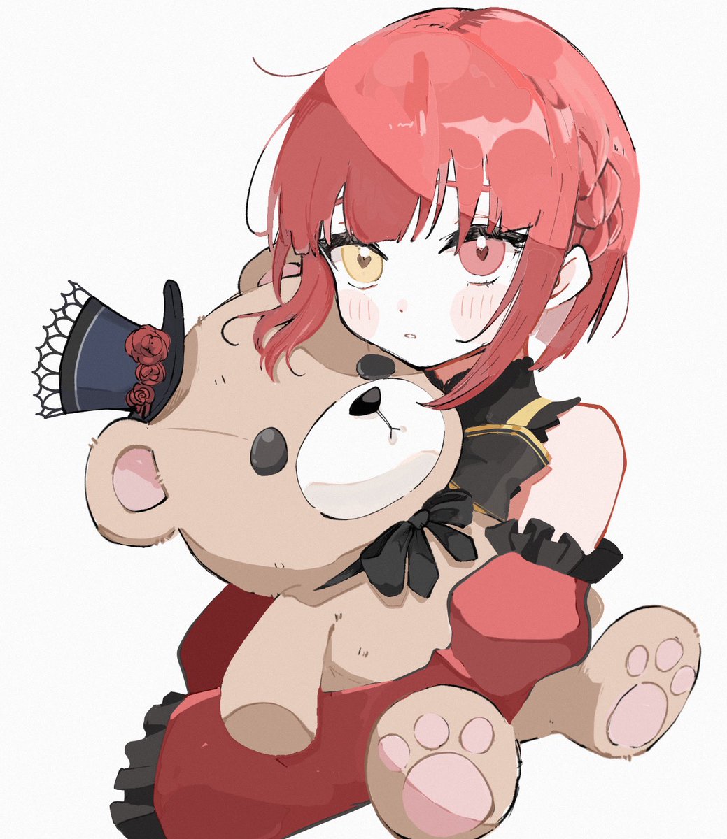 1girl stuffed toy stuffed animal teddy bear red hair heterochromia yellow eyes  illustration images