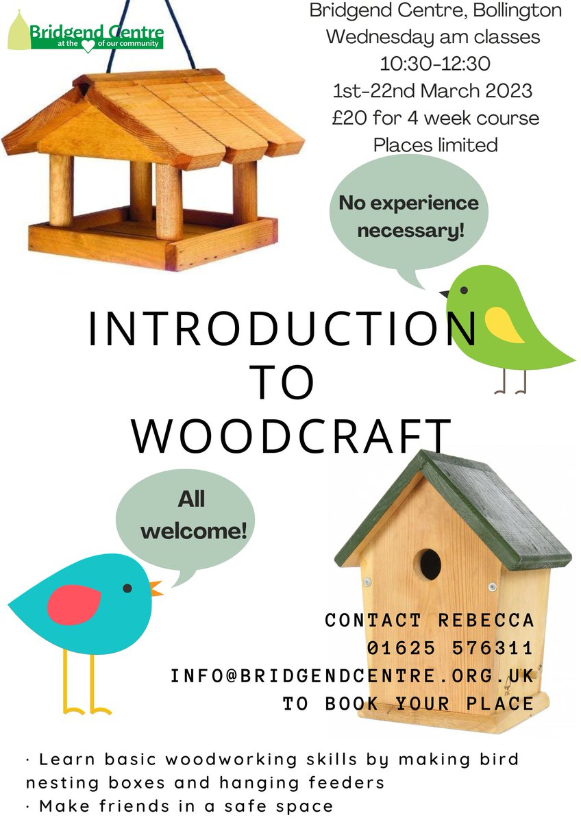 We have three courses left on our next Woodcraft course. Email us to book your place at info@bridgendcentre.org.uk